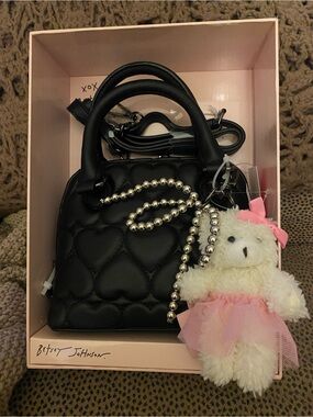 Betsey Johnson Quilted Heart Top-Handle crossbody Bag Bear Charm XOJoyy NEW